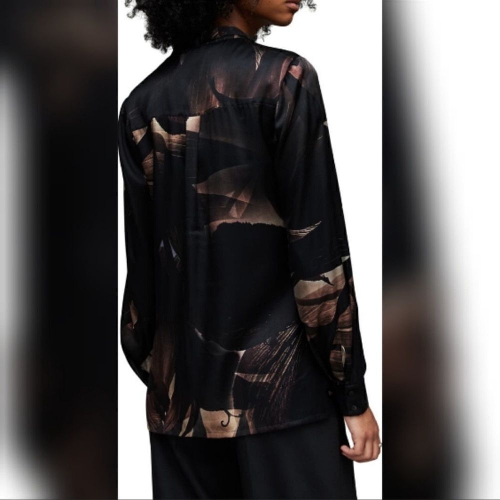 All Saints Black Satin Abstract Floral Tie-Neck Blouse with Bronze Accents - Picture 4 of 16